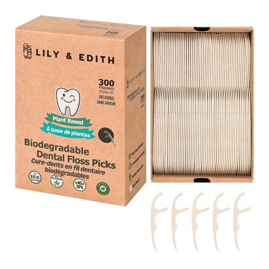 LILY & EDITH Plant Based Dental Floss Picks Adults and Kids 300 Counts Fluoride-Free Plant Based Straw Wheat Earth Friend Zero Waste Package Shred Resistant (Unflavored)