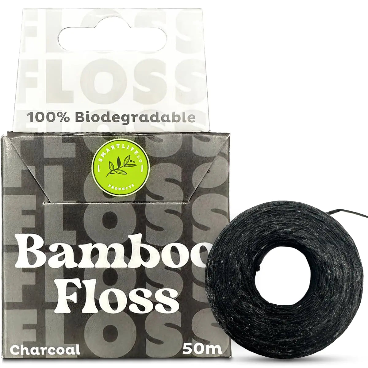 Vegan Silk Dental Floss - Biodegradable Plastic Free Bamboo String | Zero Waste Eco-Friendly Oral Care | Natural Compostable for Adults & Kids Tight Teeth | Soft Easy Glide - Charcoal 55yds