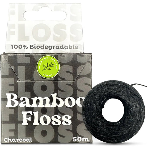 Vegan Silk Dental Floss - Biodegradable Plastic Free Bamboo String | Zero Waste Eco-Friendly Oral Care | Natural Compostable for Adults & Kids Tight Teeth | Soft Easy Glide - Charcoal 55yds