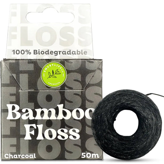 Vegan Silk Dental Floss - Biodegradable Plastic Free Bamboo String | Zero Waste Eco-Friendly Oral Care | Natural Compostable for Adults & Kids Tight Teeth | Soft Easy Glide - Charcoal 55yds