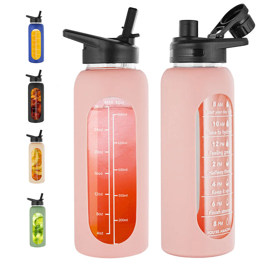 32 oz/1 L Borosilicate Glass Water Bottle with Time Marker — 2 Leakproof Lids (Spout + Straw), Silicone Sleeve, BPA‑Free