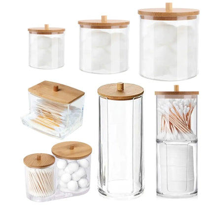 Cotton Swab Storage Bamboo Cover Acrylic Portable
